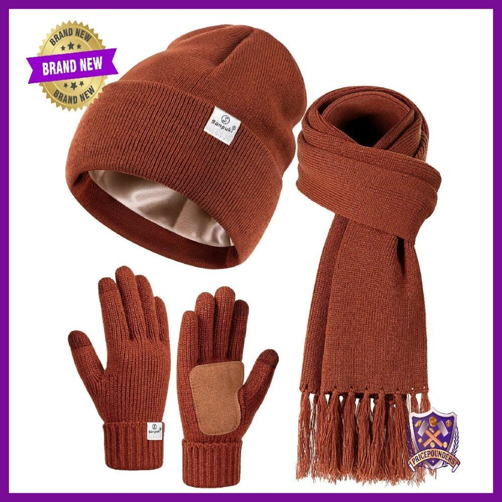 Satin Lined Beanie Scarf Gloves Set Winter Accessories Touchscreen